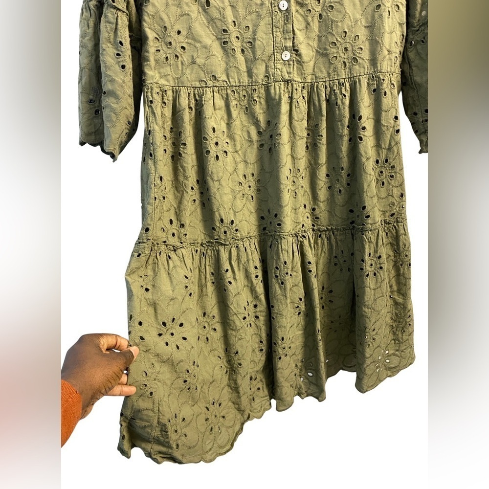 Valentina Naldi Olive Green Floral Eyelet Tiered Scalloped Cotton Dress Sz S - Picture 7 of 8